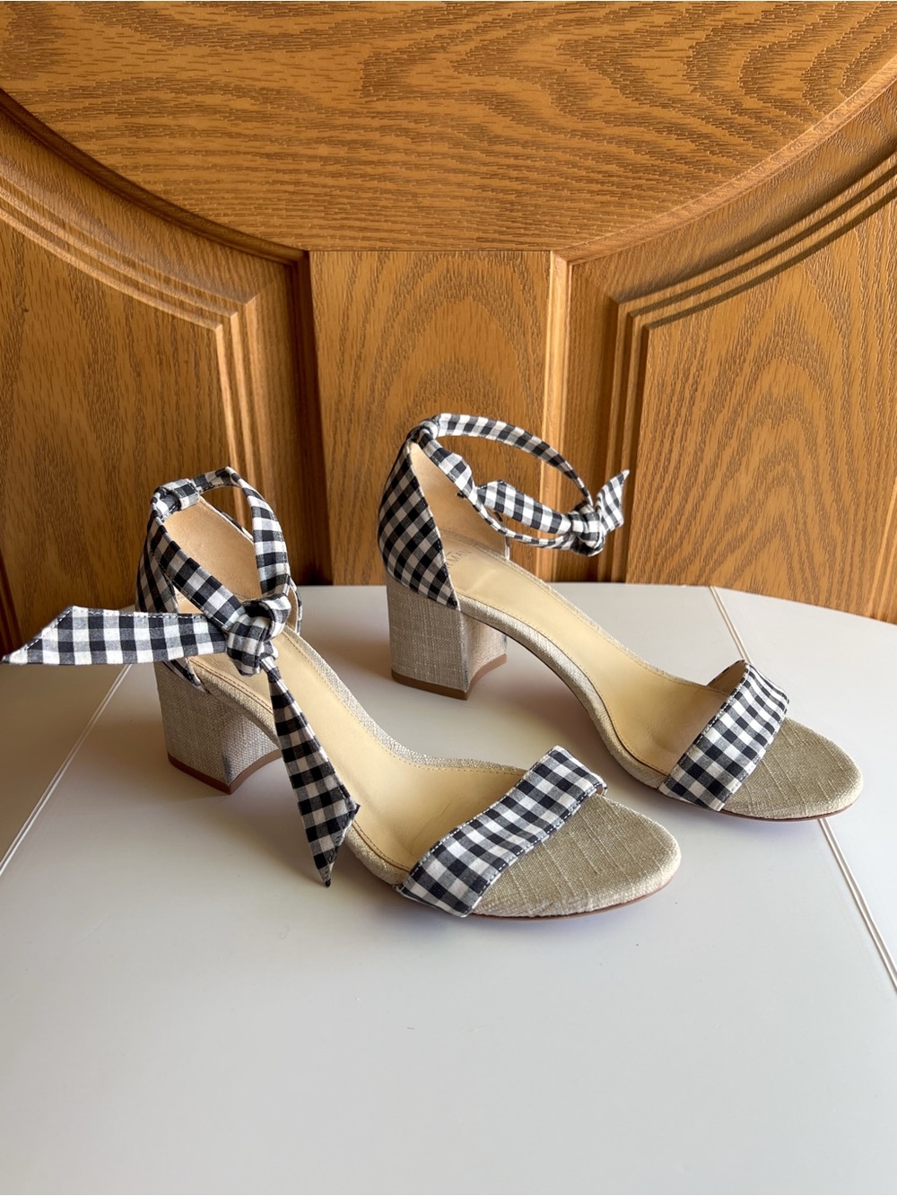 Alexandre Birman Clarita Gingham Bow Ankle Sandals Black White EU 38.5